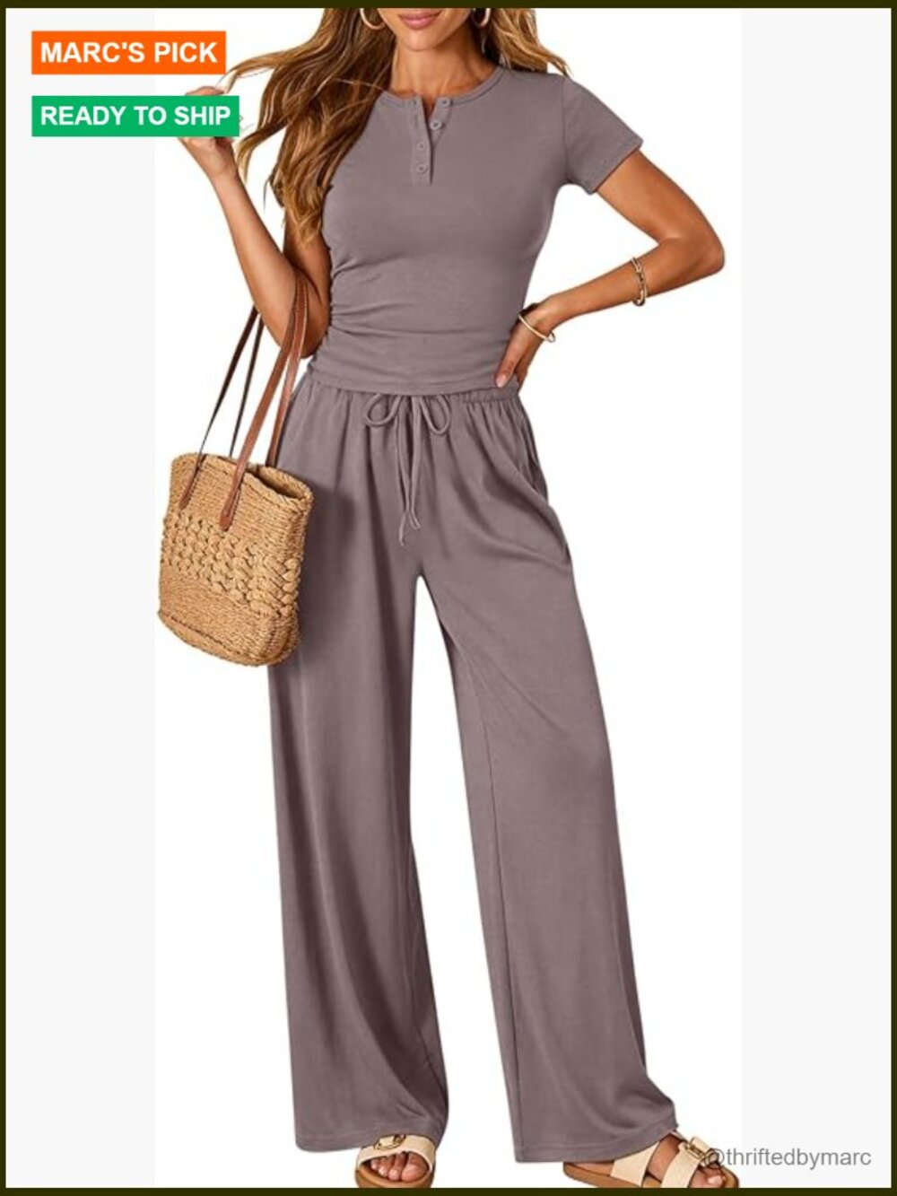 Soft Rayon Lounge Set, Wide Leg Pants, Henley Top, Medium